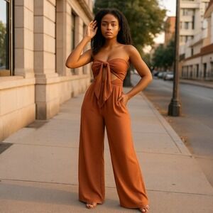 Pretty Little Thing Jumpsuit Woman 6 Chocolate Brown Tie Bust Satin Wide Leg NWT